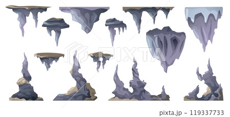 Cartoon stalactite. Geology underground formation of limestone rocks, volcanic cavern with stalagmites and stalactites flat style. Vector isolated set 119337733