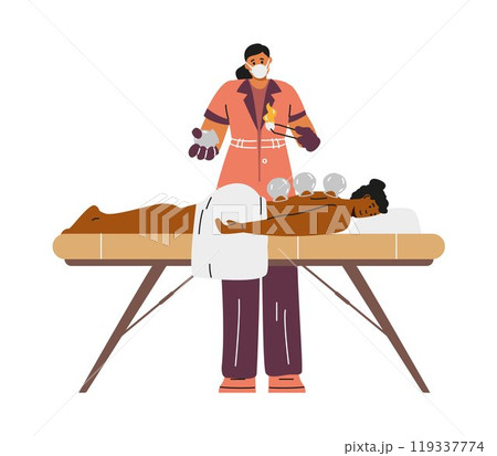 Oriental medicine, vacuum cupping body therapy, vector patient enjoying wellness Asian treatment, alternative healthcare Oriental medicine, vacuum cupping body therapy, vector patient enjoying wellness Asian treatment, alternative healthcare 119337774