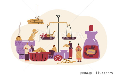 Vector illustration of alternative medicine tools and doctors on a white background. 119337779