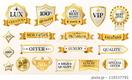 Elegant glossy labels. Vintage golden stickers with premium quality and best choice badges for product rating. Vector certificate and sticker set 119337791