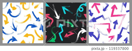 Bold brush arrow pattern. Seamless print of rough grunge line pointers and direction signs. Abstract simple sketch direction symbols vector texture 119337800