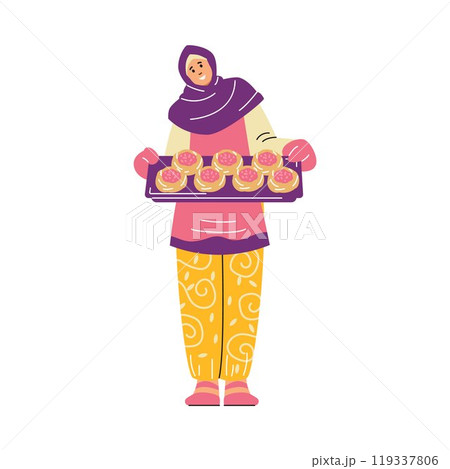 Vector illustration of a woman in a hijab holding a baking tray with open pies. 119337806