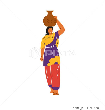 Vector illustration woman in traditional sari and trousers holding a clay pot on her head 119337830