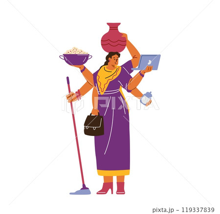 Vector image of an Indian woman in a sari, combining work and household duties. Vector image of an Indian woman in a sari, combining work and household duties. 119337839