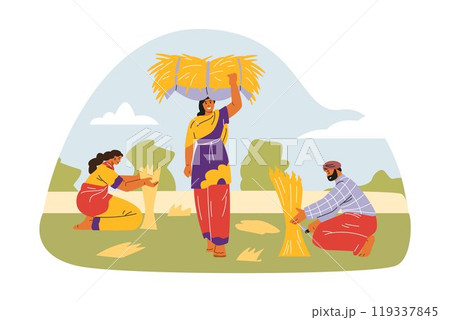 Vector illustration of young Indian women and a Hindu working outdoors, harvesting and carrying haystacks Vector illustration of young Indian women and a Hindu working outdoors, harvesting and carrying haystacks 119337845