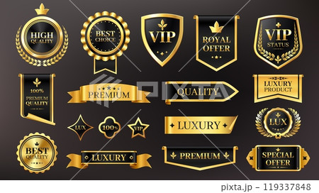 Golden luxury labels. Premium quality badges with golden stars and ribbons for product rating. Shiny stickers and seal for certificate vector set 119337848