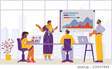 Vector illustration of a meeting of a team of young Indian specialists in traditional clothes 119337849