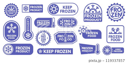 Keep frozen labels. Stickers with thermometer for cold temperature, frozen ice icons for refrigerated food packaging design. Vector set Keep frozen labels. Stickers with thermometer for cold temperature, frozen ice icons for refrigerated food packaging design. Vector set 119337857