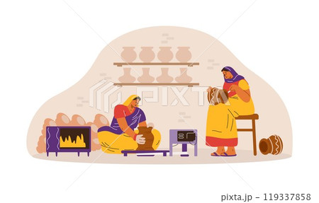 Vector illustration an Indian woman in traditional sari and shawl, engaged in pottery and painting 119337858