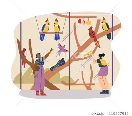 Vector illustration young women exploring a bird aviary. with trees and various kinds of parrots 119337913