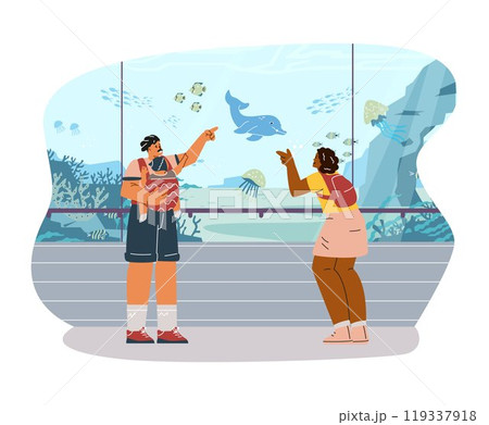Illustration of a woman, man and child watching sea animals through glass. 119337918