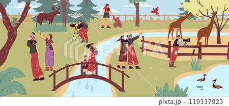 Vector illustration with a scene from the zoo: families and professional researchers observe wild animals Vector illustration with a scene from the zoo: families and professional researchers observe wild animals 119337923