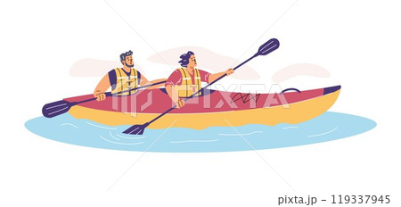 Vector graphics depicting a young man and a girl kayaking on a lake 119337945