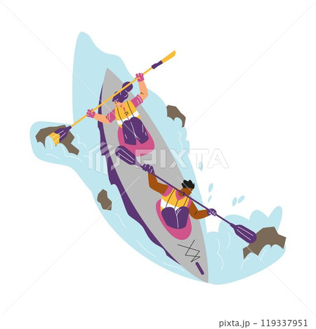 Kayaking or rafting sport, sports people rowing with paddle in kayak at river stream and rocks, vector extreme activity 119337951