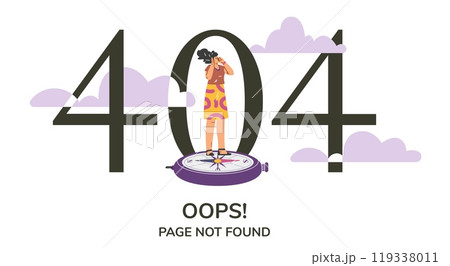 Vector image of a girl on a 404 error page holding a compass with clouds Vector image of a girl on a 404 error page holding a compass with clouds 119338011