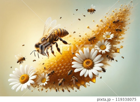 Abstract background of honey, daisies and bees 119338075