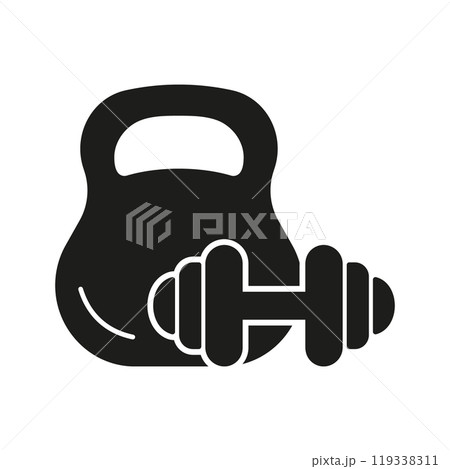 Kettlebell And Dumbbell Silhouette Icon. Lifting Weights, Fitness, And Muscle Building. Strength Training and Weightlifting. Isolated Vector Illustration 119338311