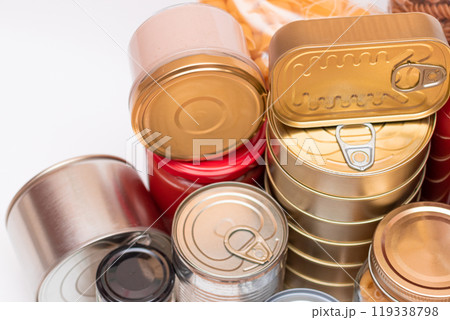 Food Reserves: Canned Food, Spaghetti, Pate, Tuna, Tomato Juice, Pasta, Fish and Grocery 119338798