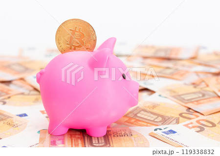 Pink Piggy Bank with Bitcoin Coin on the Fifty Euro Banknotes 119338832