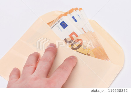 Hand Holds An Orange Paper Envelope with Stack of 50-Euro Banknotes Inside Hand Holds An Orange Paper Envelope with Stack of 50-Euro Banknotes Inside 119338852