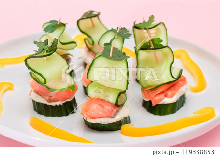 Canapes without Bread with Fresh Salmon, Cucumber and Cream Cheese Canapes without Bread with Fresh Salmon, Cucumber and Cream Cheese 119338853