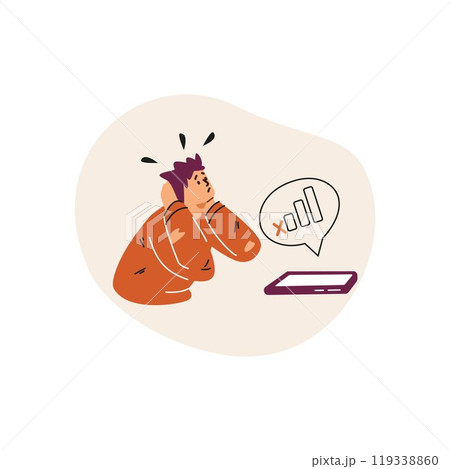 Vector graphics a man with a phone not catching the network on a white background. 119338860