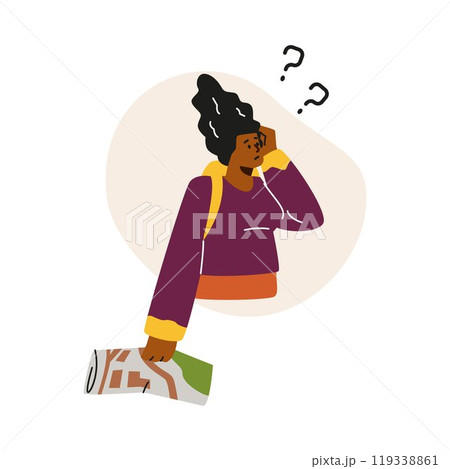 Vector graphics with a young girl holding a card on a white background. 119338861