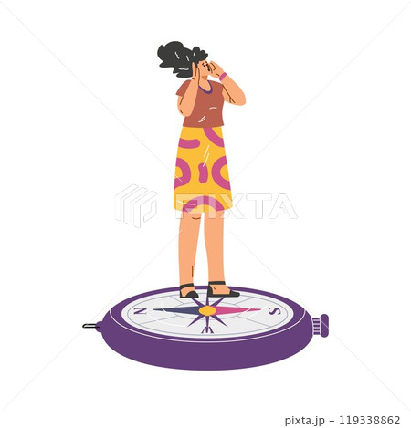 Vector graphics a young girl with a compass calling for help on a white background. 119338862