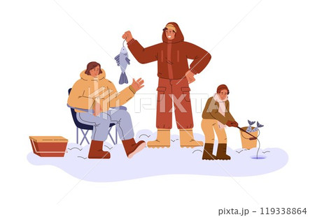 Vector graphics with a young family fishing with a fishing rod surrounded by snow 119338864