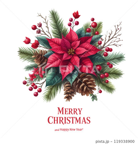 Merry Christmas festive card template with watercolor poinsettia, fir tree, cone, branch, red, berry. 119338900