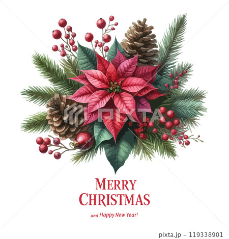 Merry Christmas festive card template with watercolor poinsettia, fir tree, cone, branch, red, berry. 119338901