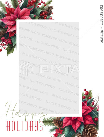 Merry Christmas festive Template with place for photo with watercolor poinsettia, fir tree, cone, branch, red, berry. 119338902