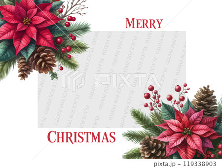 Merry Christmas festive Template with place for photo with watercolor poinsettia, fir tree, cone, branch, red, berry. 119338903