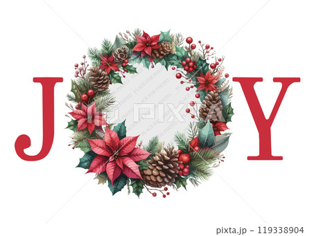 Joy. Merry Christmas festive Template with place for photo with watercolor poinsettia, fir tree, cone, branch, red, berry. 119338904