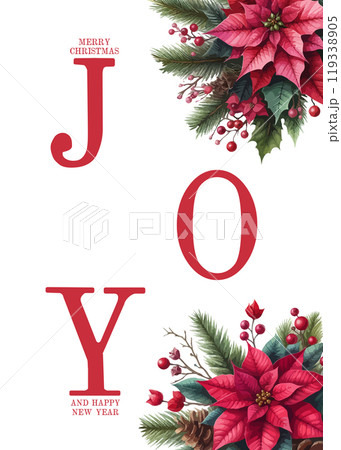Joy. Merry Christmas festive card template with watercolor poinsettia, fir tree, cone, branch, red, berry. 119338905