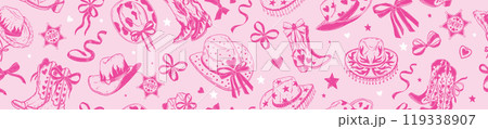 Western cowgirl seamless pattern, vector bachelorette party Texas texture, cowboy girly hat, boots. Western cowgirl seamless pattern, vector bachelorette party Texas texture, cowboy girly hat, boots. 119338907