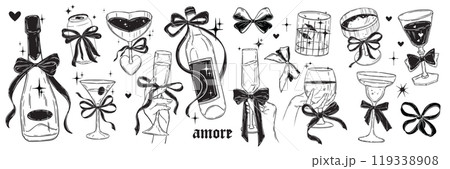 Alcohol cocktail doodle set, vector coquettish woman hand with wine glass, ribbon bow, champagne.  119338908
