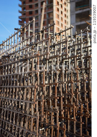 Reinforcement steel rod at construction site. Construction rebar steel work reinforcement. Rebar texture. Reinforcement steel rod. Rusty rebar for concrete pouring Reinforcement steel rod at construction site. Construction rebar steel work reinforcement. Rebar texture. Reinforcement steel rod. Rusty rebar for concrete pouring 119339007