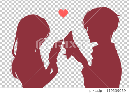 Men and women operating smartphones, facing each other, silhouette 119339089