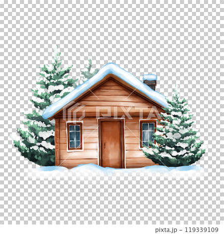 Winter chalet. Wooden cabin in fir forest, isolated on white background. Watercolor Christmas card or poster. 119339109