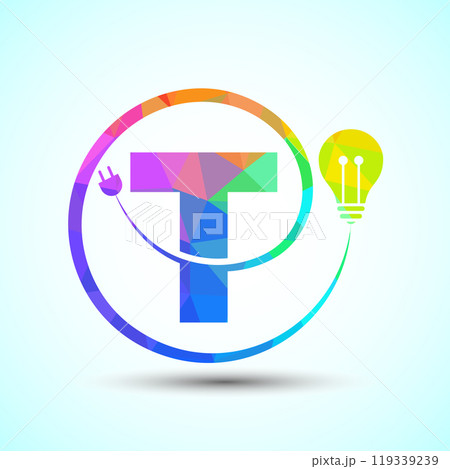 English alphabet with electric bulb and plug. Low poly style electricity and technology logo English alphabet with electric bulb and plug. Low poly style electricity and technology logo 119339239