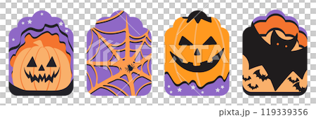 Set of isolated cute Halloween decoration elements for sticker, badge, tag or label on a transparent background, Volume 16: Black, purple and orange color tones. Set of isolated cute Halloween decoration elements for sticker, badge, tag or label on a transparent background, Volume 16: Black, purple and orange color tones. 119339356