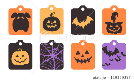 Set of isolated cute Halloween decoration elements for sticker, badge, tag or label on a transparent background, Volume 17: Black, purple and orange color tones. Set of isolated cute Halloween decoration elements for sticker, badge, tag or label on a transparent background, Volume 17: Black, purple and orange color tones. 119339357