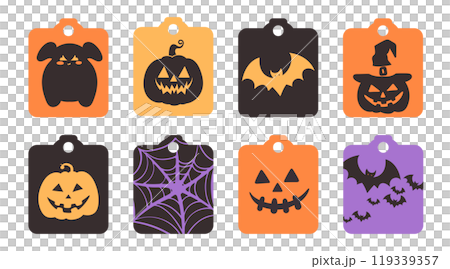 Set of isolated cute Halloween decoration elements for sticker, badge, tag or label on a transparent background, Volume 17: Black, purple and orange color tones. Set of isolated cute Halloween decoration elements for sticker, badge, tag or label on a transparent background, Volume 17: Black, purple and orange color tones. 119339357