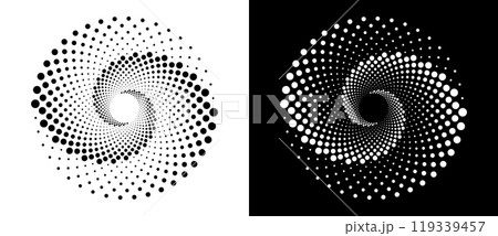 Modern abstract background. Halftone dots in circle form. Round logo. Vector dotted frame. Design element or icon. Black shape on a white background and the same white shape on the black side. Modern abstract background. Halftone dots in circle form. Round logo. Vector dotted frame. Design element or icon. Black shape on a white background and the same white shape on the black side. 119339457