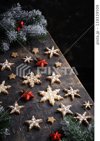 Christmas gingerbread cookies in shape of snowflake 119339509