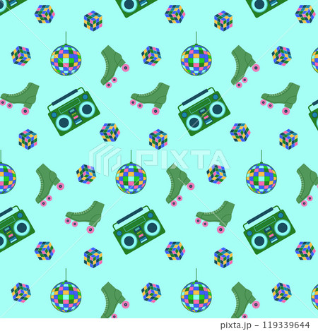 90s Retro Style Set. Y2K Elements Like Cassette Tapes, Roller Skates, Boomboxes Pattern. 1980s And 1990s Fashion Design for For Modern Banners, Cards, Party Templates. Vector illustration 119339644