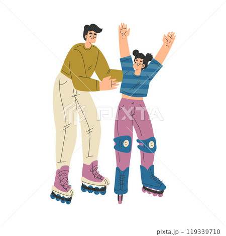 Man Character Roller Skating Ride on Rollers with Daughter Vector Illustration 119339710