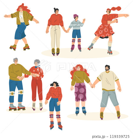 People Character Roller Skating Ride on Rollers Vector Set 119339725