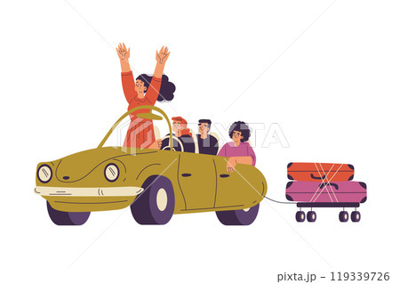 Man and Woman Character on Road Trip Travel by Car with Suitcase Vector Illustration Man and Woman Character on Road Trip Travel by Car with Suitcase Vector Illustration 119339726